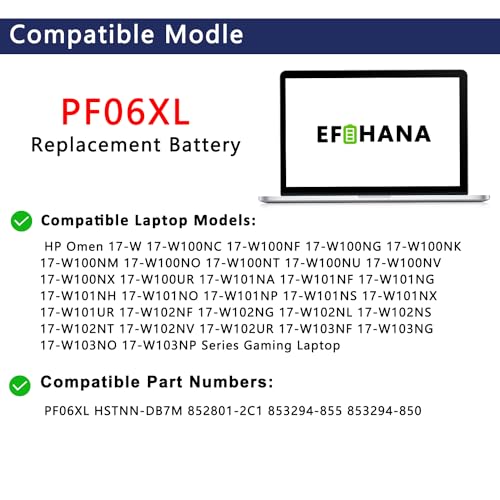 PF06XL Gaming Laptop Battery Replacement for HP Omen 17-W 17-W100NC 17-W100NF 17-W200NA 17-W200NE Series Laptop HSTNN-DB7M 852801-2C1 853294-855 853294-850 11.55V 95.8Wh 8300mAh 6-Cells