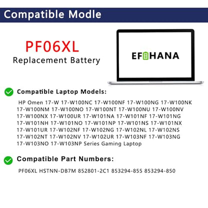 PF06XL Gaming Laptop Battery Replacement for HP Omen 17-W 17-W100NC 17-W100NF 17-W200NA 17-W200NE Series Laptop HSTNN-DB7M 852801-2C1 853294-855 853294-850 11.55V 95.8Wh 8300mAh 6-Cells