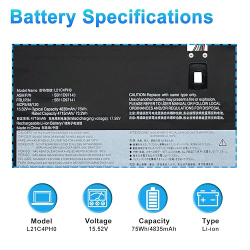 L21C4PH0 L21D4PH0 L21B4PH0 Battery Replacement for Lenovo IdeaPad Yoga 9-14IAP7 Type 82LU, Yoga 9-14IRP8 Type 83B1 Series 83B10006TW 82LU0007SB SB11D97136 5B11D97137 15.52V 75Wh | Yoga 9-14IRP8 Type 83B1 Series L21B4PH0 83B10006TW 82LU0007SB SB11D97136 5B