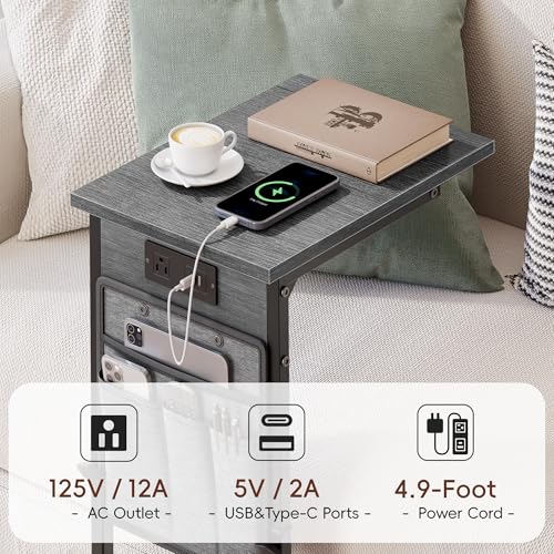 Vagusicc C-Shaped End Tables Set of 2 with Charging Station, 33'' Tall C Table Adjustable Height Side Table for Couch, Small Couch Table that Slide Under Sofa, TV Trays for Living Room, Gray Walnut - color: 2pc Gray Walnut, style: With Plug