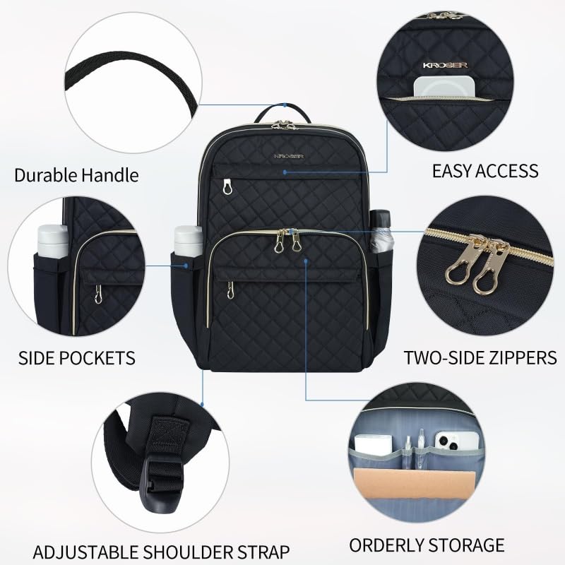 KROSER Laptop Backpack 15.6 Inch Stylish Daypack with USB Charging Port, Water-repellent Nylon Backpack Backpack for Travel/Business/Women/Black | Water-repellent fabric, multi-compartment,adjustable padded shoulder straps and luggage strap-Black - color: