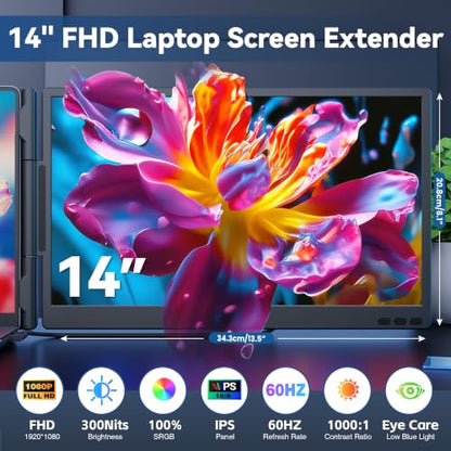 CIDETTY Laptop Screen Extender Monitor Portable, 14" Ultra-Thin Dual Laptop Monitor FHD 1080P IPS, USB-C/HDMI Plug & Play Travel Monitor for 13-17" Laptops, Compatible with Wins/Mac/Chrome/Switch