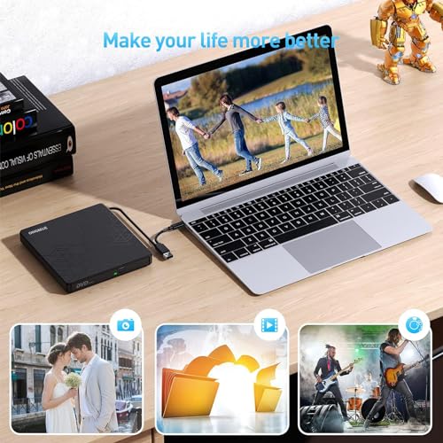 ORIGBELIE External CD DVD Drive, CD Burner USB 3.0 with 2 USB Ports and 2 TF/SD Card Slots, Optical Disk Drive for Laptop Mac, PC Windows 11/10/8/7 Linux OS with Carrying Case - size: 5.98" x 5.5" x 0.6"