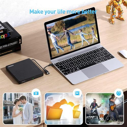 ORIGBELIE External CD DVD Drive 2 USB Port 2 TF/SD Card Slot &Carrying Case | USB C 3.0 CD DVD ROM Player Burner Reader Writer Rewriter Optical Disk Drive for Laptop PC Macbook OS Windows 11/10/8/7 Linux - size: 5.98" x 5.5" x 0.6"
