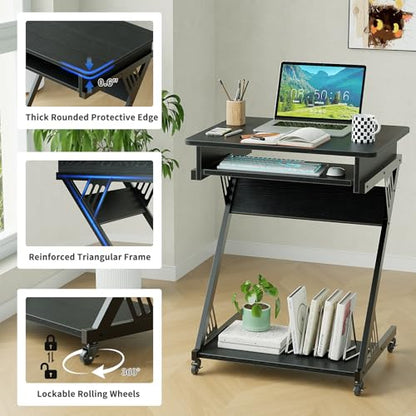ALISENED Computer Desk for Small Spaces Compact Desk with Keyboard Tray | 23.6" Z-Shaped, with Wheels and Bottom Shelves, for Home Office, Computer Cart Mobile Laptop Cart, Black - color: Black