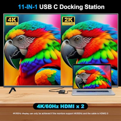 Laptop Docking Station Dual Monitor 2 HDMI, 11-in-1 USB C 4K@60Hz Dual Display Dock, Gigabit Ethernet, 100W PD Port, 5 USB A/C, SD/TF Card Slot for Dell, HP, Lenovo, Surface Windows Laptops