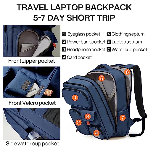 mixi Large Capacity Expandable Travel Backpack for Women & Men 15.6'' Laptop Carry On Weekender Bag Outdoor Hiking with Multifunction Pockets 180° Open Water Resistant 18 Inch 28L, Nautical Blue - color: Expandable Nautical Blue