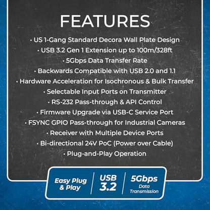OREI USB Ethernet Extender RS-232 API Control Two-Way PoC GPIO USB 3.2 Gen1 - size: Dual Wall Plate