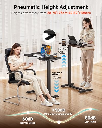 BIZUM Adjustable Bedside Table with Swivel Hidden Wheels Pneumatic Rolling Desk Mobile Standing Desk with Cup Holder for Hospital Home(31.5"x15.8" Black) - color: Black, size: 31.5"x15.8"