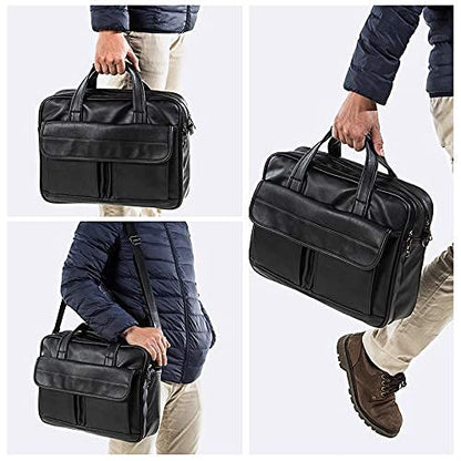 seyfocnia Men's Business Travel Briefcase Leather Handmade Messenger Bags Laptop Bag - color: Black, size: 15.6inch