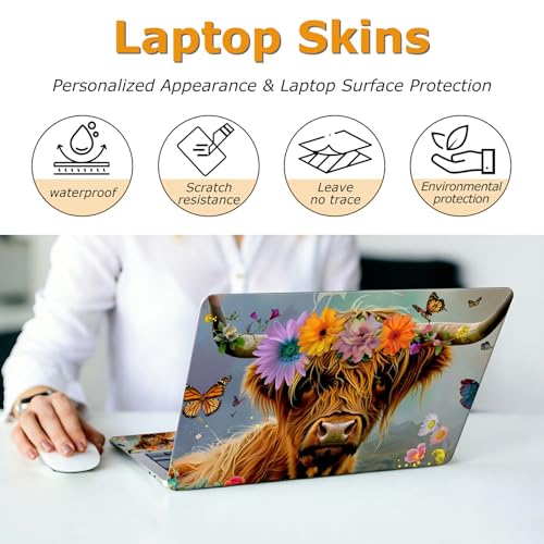 Universal Laptop Skin Sticker with 2 Wrist Pad Decals, 3-Piece Removable Vinyl Laptop Cover, Daisy Highland Cattle Waterproof Anti-Scratch, Easy-Trim Fit for 13.3" 14" 15.6" Laptops - color: Daisy Highland Cattle