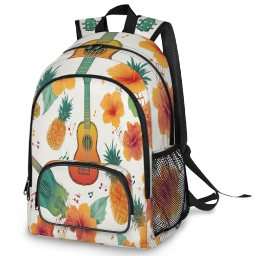 Guitar Pineapple Hibiscus Large Backpack for Women and Men Waterproof Travel Laptop Backpack Lightweight Business Work Daypack Fits 17 Inch Computer - color: Multicolor 4