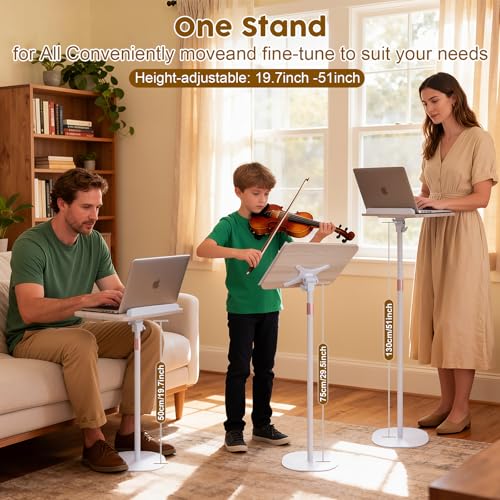 2 in 1 Dual-use Music Stand & Desktop Book Stand, Adjustable Height 16.5"-51", 100% Solid Wood Laptop Floor Stand Book Holder with Elastic Page Clips for Cookbooks (White) - color: White