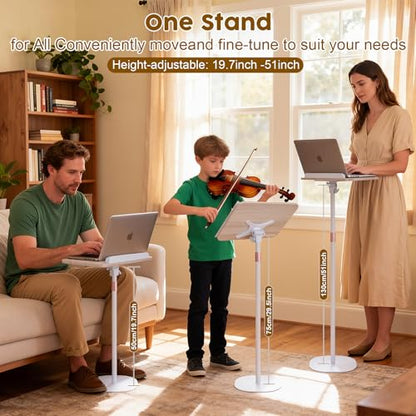 2 in 1 Dual-use Music Stand & Desktop Book Stand, Adjustable Height 16.5"-51", 100% Solid Wood Laptop Floor Stand Book Holder with Elastic Page Clips for Cookbooks (White) - color: White