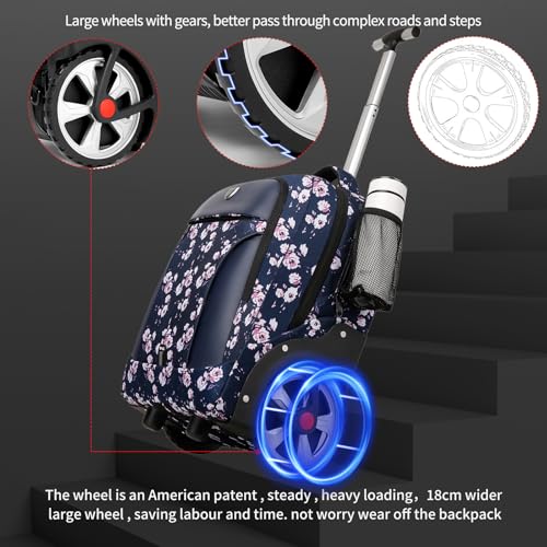 Rolling Backpack,Waterproof Backpack with Wheels for Business and Travel Commuter, Carry on Backpack with Laptop Compartment, Fit 17 Inch Laptop, Wheeled Backpack for Adults - color: Blue Flower, size: 20IN