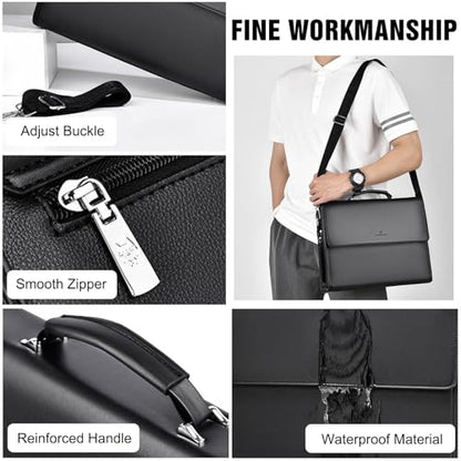 FANDARE Laptop Briefcase Men Notebook Case PU Leather Document Case Cross-Body Shoulder Messenger Bag 12.9 inch Laptop Handbag Work Travel Business School Professional Waterproof Bag Black - color: Black