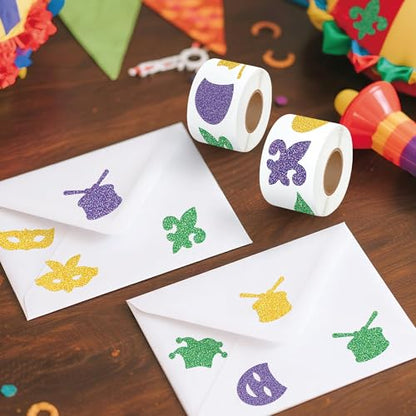 CNhoqc Carnival Sticker Roll, 1000 Pcs Glitter Masquerade Scrapbook Sticker | Fleur-De-Lis Mask Drum Glitter Waterproof Vinyl Reusable Laptop Coloring Book Water Bottle Page Activity Pad Party Favors - style: Mardi Gras