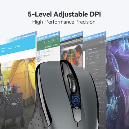 TECKNET Wireless Mouse, 2.4G Ergonomic Computer Mouse, 2600 DPI, Grey | Ergonomic Design with Side Grips, Adjustable DPI, 2-Year Battery, Compact Size, USB-A Plug & Play, Wide OS Compatibility - color: Grey