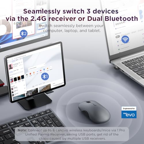 Lenovo 700 Multi-Device Wireless Mouse, Bluetooth or 2.4 GHz USB-A Connection, Connect up to 3 Devices, 36 Month Battery Life, Luna Grey - color: Luna Grey