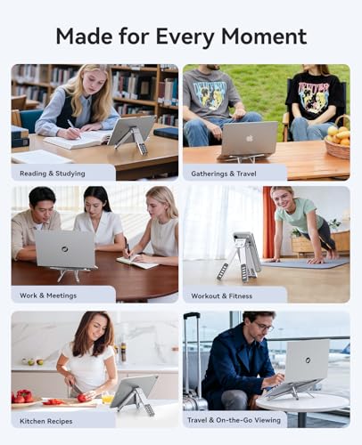 ORICO Portable Laptop Stand for Travel & Desk, Ultra-Compact Foldable Aluminum 3-in-1 Riser for Laptop, Tablet & Phone, 5 Adjustable Heights, Compatible with MacBook/HP/Dell/iPad/iPhone – PN1 (Silver)