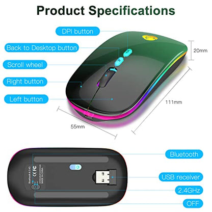 CC Store Wireless Mouse for Laptop,USB-C Rechargeable with Dual Connection | Bluetooth mouse with 2.4GHz USB receiver, silent slim design, adjustable DPI for laptop,MacBook,PC and tablet,Black-green - color: Black-green