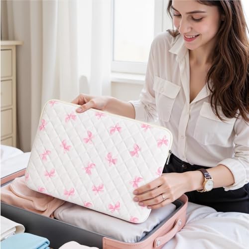 13-14 inch Cotton Quilted Laptop Sleeve for Women, Aesthetic Puffy Laptop Case Carrying Bag Compatible with MacBook Air/Pro 13/Pro 14, Soft Computer Liner Bag (Pink Bow, 13.3 inch) - color: Pink Bow, size: 13.3 inch