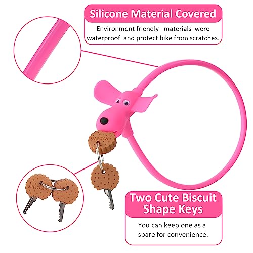 Bike Cable Lock with Keys,Silicone Covered Kids Cable Lock Cartoon Lock,2 Feet Lock for Bike,Door,Skateboard,Helmet and More (Pink, Large) - color: Pink