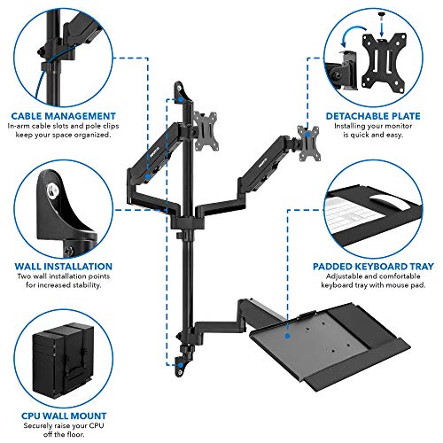 Mount-It! Dual Monitor Arm Wall Mount Workstation with Keyboard Tray & CPU Holder, Height Adjustable Gas Spring Full Motion Computer Station, Fits 17–32” VESA 75x75 100x100, Black - size: Dual Monitor