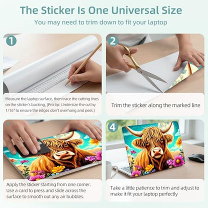 Universal Laptop Skin Decal, 3-Piece Vinyl Protector for 12 13 14 15.6" Notebook, Waterproof Anti-Scratch, Easy Trim & Bubble-Free Finish, Cute Highland Cow Flowers - color: Cute Highland Cow Flowers