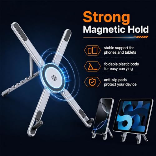 3 in 1 Magnetic Laptop Stand Foldable(Aluminum Alloy Gray) | For Phone Tablet Laptop 10-16 Inch, 8 Level Height Adjustable Computer Riser, Aluminum Alloy, Travel Desk Home Office Use