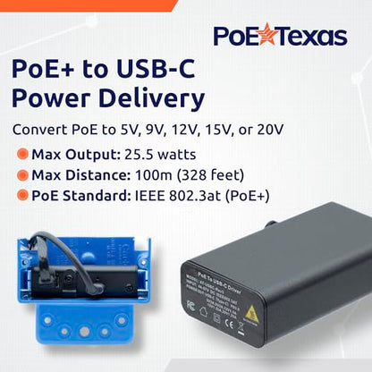 PoE Texas PoE+ to USB-C Splitter - PoE+ Splitter USB-C 25W Power Delivery for iPad, Tablet, Google Nest Cam - Convert PoE to 5V, 9V, 12V, 15V or 20V - size: 25w Power Only