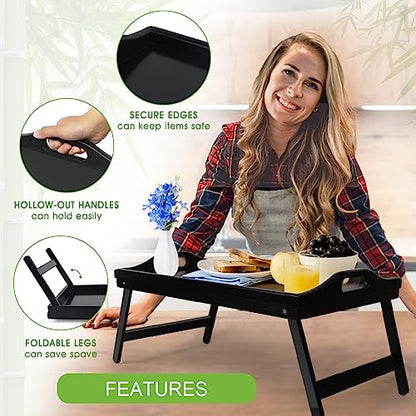 Bed Tray Table with Folding Legs Wooden Serving Breakfast in Bed or Use As a, Platter, TV Table Laptop Computer Tray Snack Tray Large Size - color: Black-large