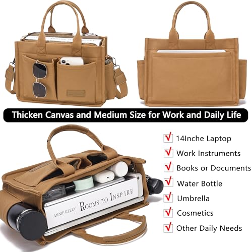 ZHMO Canvas Tote Bag for Women,Women's Bags Crossbody Bags Work Laptop Tote Bag Large Handbags Purse for Travel Nurse Teacher - color: New Upgrade Brown With Compartments and Side Cup Holders