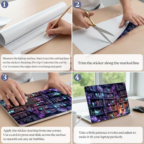 Universal Laptop Skin Sticker Decal,15.6 Inch Laptop Vinyl Cover for 13" 14" 15.6" Laptop,Scratch-Resistant Waterproof Protector Wrap,Reusable with Wrist Pads,Magic Library with kulls - color: Magic Library with kulls