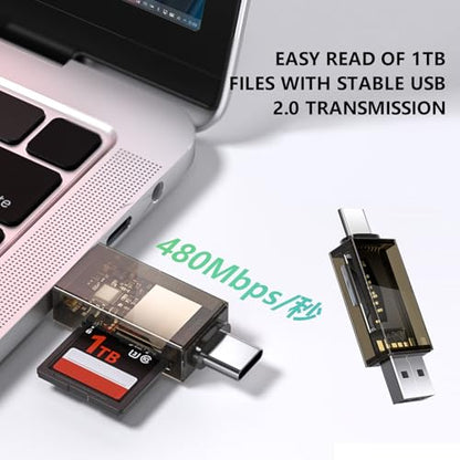 SD Card Reader, QimKero Dual Connector USB 2.0/USB-C Memory CardReader Adapter, [Card not Included], Compatible for SD/Micro SD/SDHC/SDXC/MMC, MacBook Pro/Air, Chromebook Galaxy S21, S22/ iPhone 15