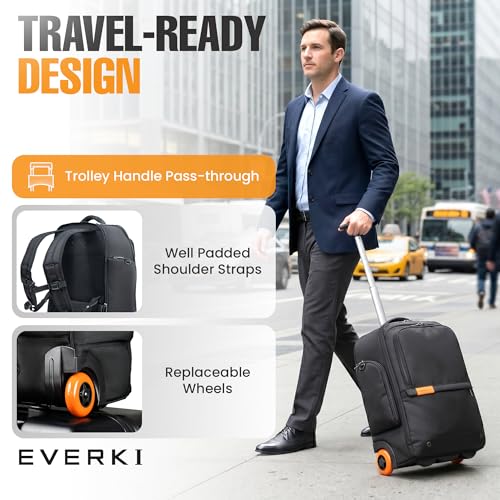 EVERKI Wheeled 123 Laptop Rolling Backpack for Men & Women, Black - 32L | Professional Design, Padded Laptop Compartment, Replaceable Wheels, Business & Work, Travel-Friendly, Fits up to 16" - size: Wheeled 123 Laptop Backpack - 32L