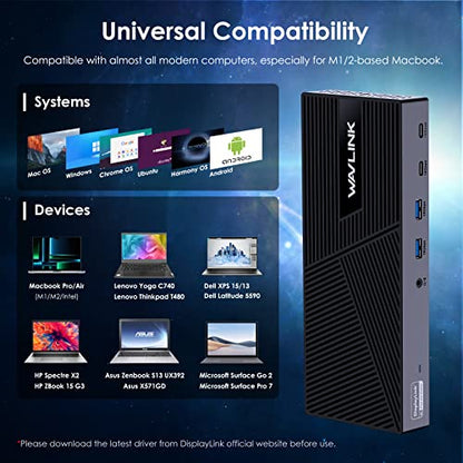 WAVLINK USB C Triple Monitor Docking Station 13-in-1 Displaylink Dock with 100W Charging for Mac, Windows, Chrome, 3 HDMI+2DP, Gigabit Ethernet, USB-C, 4 USB-A 10Gbps, Audio, Driver Required