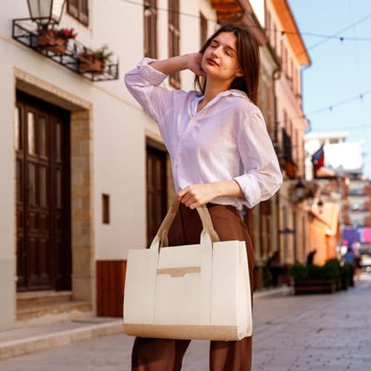 Missnine Tote Bag Canvas Laptop Bag 15.6 inch Briefcase for Women Large Capacity Handbag for Office, College, Travel (Croc-embossed Light Khaki) - color: Classic Light Khaki