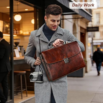 Banuce Italian Full Grain Leather Briefcase for Men Fits 15.6 inch Laptop | Travel-friendly Luggage Strap,15.6 inch Lawyer Briefcase,Anti-Theft Key Lock,Expandable,Detachable Strap,Work,Business Travel