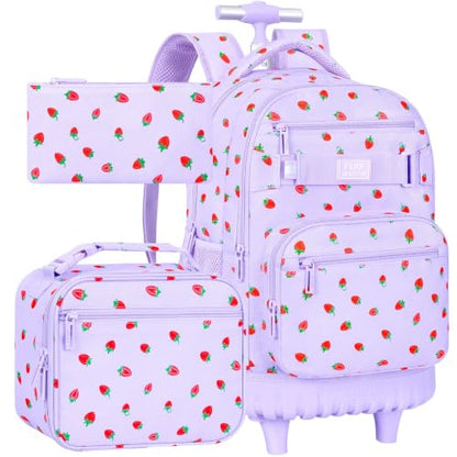 3Pcs Rolling Backpack for Girls, School Roller Bookbag with Wheels, Strawberry Wheeled Backpacks Set for Women (Purple) - color: Purple Strawberry