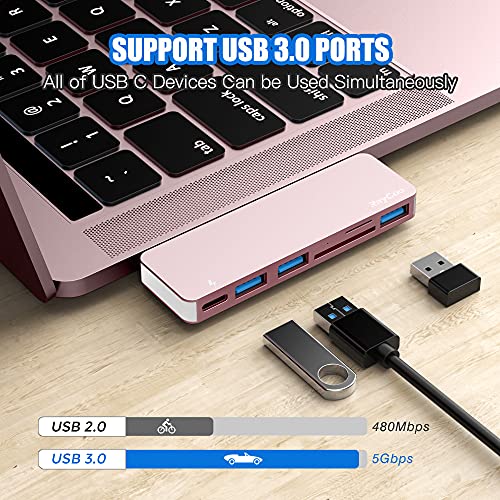 USB C Hub Adapter for MacBook Pro/Air 2020 2019 2018, 6 in 1 USB-C Accessories Compatible with MacBook Pro 13″ and 15″ with 3 USB 3.0 Ports, TF/SD Card Reader, Power Delivery (Pink)
