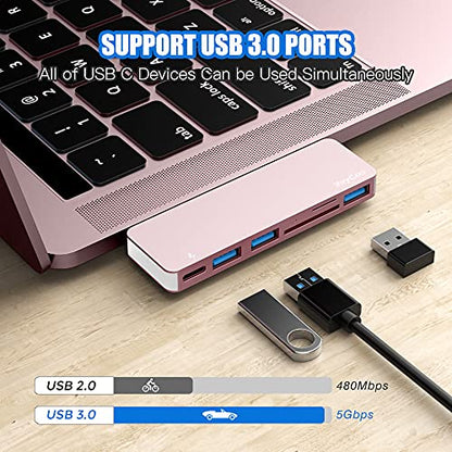 USB C Hub Adapter for MacBook Pro/Air 2020 2019 2018, 6 in 1 USB-C Accessories Compatible with MacBook Pro 13″ and 15″ with 3 USB 3.0 Ports, TF/SD Card Reader, Power Delivery (Pink)