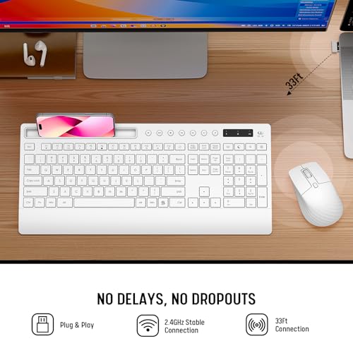 White Wireless Keyboard and Mouse Combo - Full-Size Quiet Keyboards with Palm Rest, Phone Holder, Multimedia Keys, Batteries Included, Office Key Board Compatible with Windows, PC, Laptop - Trueque - color: Snow White