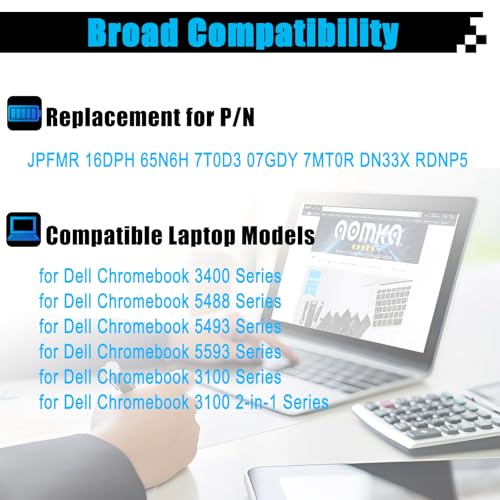 JPFMR Laptop Battery Replacement for Dell Chromebook 3100 3400 2-in-1 5488 5493 5593 P90F Series 0JPFMR 7MT0R 7MTOR 16DPH 7T0D3 07T0D3 DN33X RDNP5 65N6H 11.4V 3500mAh - size: 7.54*4.09*0.23 inch JPFMR