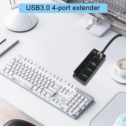 5FT 4-Port USB3.0 Expander Hub, USB 3.0 Fast Data Hub with Individual LED Power On/Off Switches, Portable USB Port Extender for PC, USB Flash Drives and More