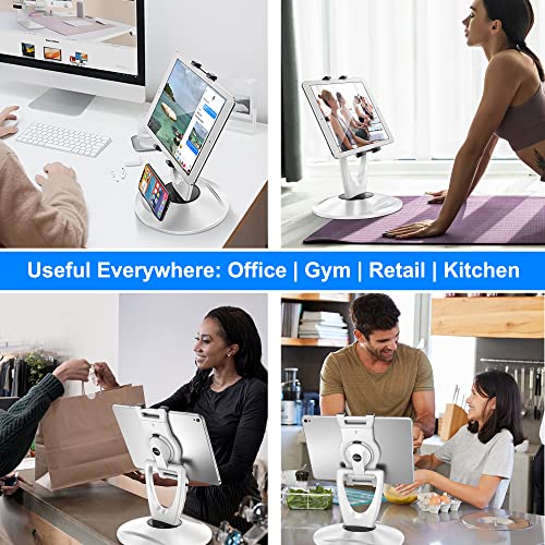 360 Rotating Tablet Stand for POS Kiosk & Desk, Foldable iPad Holder with Phone Organizer Base, Swivel Counter Mount for Retail & Office, Fits iPad Pro 12.9, Air, Mini, All 4-13” Devices - color: White
