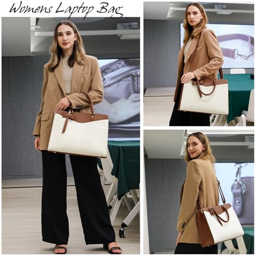 RAINSMORE Laptop Bag for Women 15.6 Inch PU Leather Laptop Tote Professional Business Office Work Bag Waterproof Briefcase Computer Tote Bag Large Lightweight Handbag Shoulder Bag - color: Beige and Dark Brown