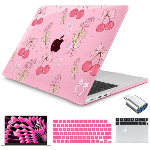 Teryeefi Pink Case for MacBook Air 13.6 inch 2025 2024 2022 Fit Model A3240/A3113/A2681, Laptop Hard Shell with Keyboard Cover Trackpad Film USB Adapter for MacBook Air 13 inch M4 M3 M2, Cherry W128 - color: Cherry Pink W128