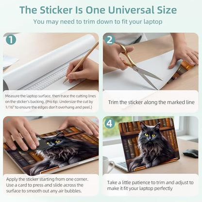 Universal Laptop Skin Decal, 3-Piece Vinyl Protector for 12 13 14 15.6" Notebook, Waterproof Anti-Scratch, Easy Trim & Bubble-Free Finish, Black Cat Sitting Book - color: Black Cat Sitting Book
