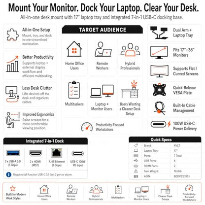 AVLT Laptop & Monitor Arm Desk Mount for 17-38" Screens, USB-C Dock - Black | Supports flat/curved screens up to 22 lbs each. 12-17" laptop tray, 7-in-1 USB-C dock, HDMI 4K60, Ethernet and 100W PD - color: Black